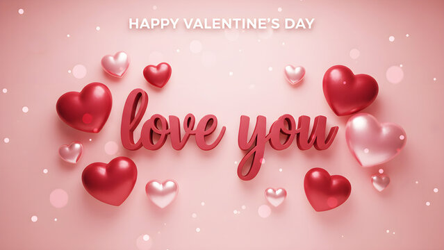 Valentine's day background with 3D red hearts and love you text for romantic celebration on 14 february featuring happy valentine gift heart decoration and pink bokeh stage backdrop.
