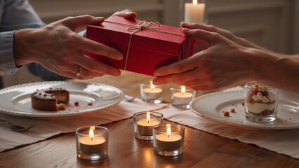 Close up of couple hands exchanging a red gift box during a romantic dinner. Man giving a present to woman with candles and dessert on table. Valentine's day or anniversary celebration
