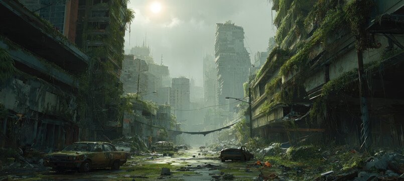 Overgrown city street with abandoned cars, taken over by nature and decay