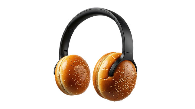 Creative black headphones with hamburger buns as earcups, sesame seed bread, food podcast concept isolated on transparent background