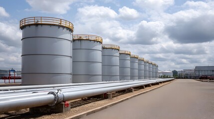 Obraz premium A row of large industrial storage tanks and pipelines at an outdoor facility under a cloudy sky