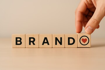 Building a Brand: A hand strategically positions the final piece of the word BRAND, revealing a heart symbol, symbolizing brand love, creating a powerful statement about branding.