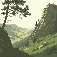 Mountain valley opening into wide plain with rocky cliff and trees