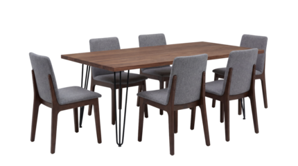 A rectangular wooden dining table paired with six upholstered chairs featuring dark wooden legs and grey patterned fabric, presented on a transparent background.