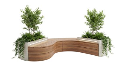 A contemporary curved bench designed for outdoor spaces, featuring a textured wooden seat and integrated planters filled with vibrant green foliage.