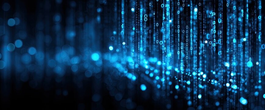 Glowing blue data streams and bokeh lights against a dark background