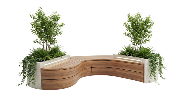 A contemporary curved bench designed for outdoor spaces, featuring a textured wooden seat and integrated planters filled with vibrant green foliage.