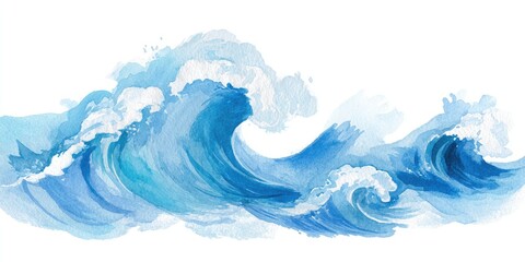 Watercolor illustration of ocean waves in blue and white, isolated
