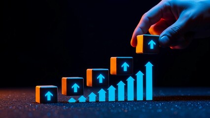A hand places a glowing orange block with an upward arrow onto an ascending bar graph of blue arrows.