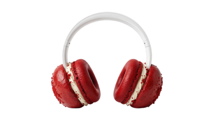 Creative headphones with red velvet macarons as ear cups, sweet music concept isolated on transparent background