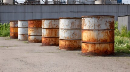 Obraz premium A row of old rusty metal barrels stands in an industrial outdoor setting