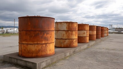 Obraz premium A row of old rusty industrial storage tanks sits on a concrete pad under a cloudy sky