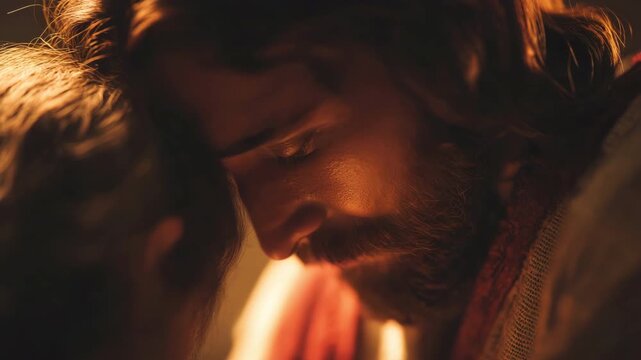 Jesus gently comforting a lonely person, emotional atmosphere, compassion, comfort, faith, and spiritual solace.