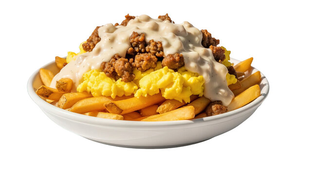 Hearty breakfast bowl with golden french fries, scrambled eggs, sausage meat and white gravy isolated on transparent background