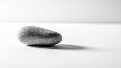 A serene stone rests alone on a white surface, its shadow cast to the side, captured from a slightly elevated viewpoint