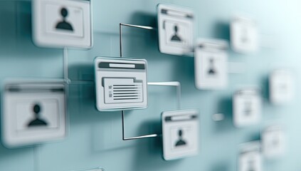 Connected network of profile icons and file folders, blue background, shallow depth