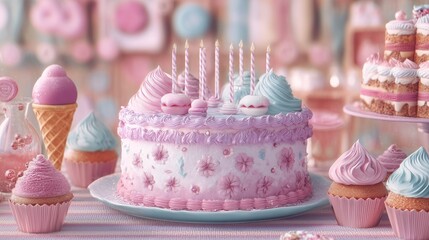 Colorful Birthday Cake with Pink and Blue Icing, Macarons, and Candles for Party Decor