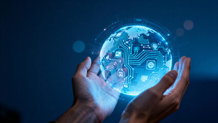 Hands holding glowing digital globe