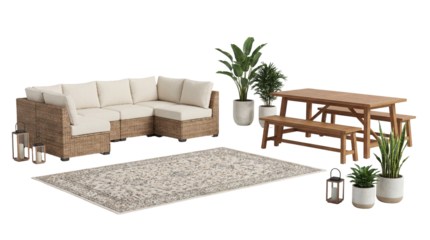Outdoor Living Space Furniture Set With Sectional Sofa Picnic Table And Potted Plants Displayed On Transparent Background