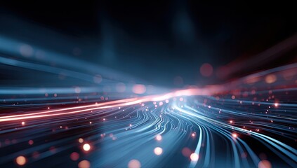 Fototapeta premium Streaks of blue & red light converge abstractly in a dark space