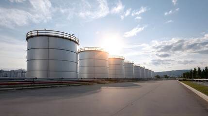 Obraz premium Rows of large industrial storage tanks shimmering under bright sunlight against a partly cloudy sky