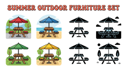 Collection of pixel art illustrations of outdoor picnic table sets with umbrellas in various settings, including park and beach, alongside line art versions.