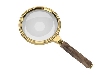 Fototapeta premium Gold magnifying glass wooden handle isolated on a transparent background