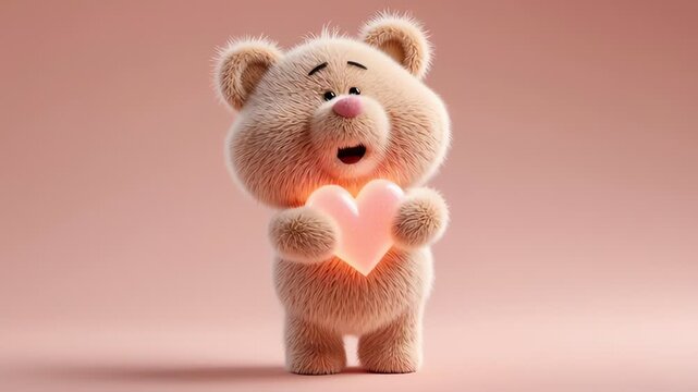 Adorable 3D animated teddy bear holds glowing love heart
