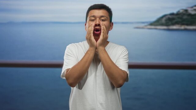 Hispanic man in white tee cupping hands around mouth and calling from a seaside railing overlooking the coast; longing connection.