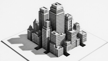 Monochrome Isometric Cityscape Illustration with Tall Buildings and Shadows