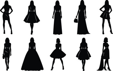 Collection, of, black, women, fashion, silhouettes, featuring, various, elegant, dresses, evening, gowns, and, stylish, formal, outfits, for, luxury, apparel, design. © Nerandro