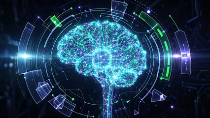 Fototapeta premium Futuristic brain illustration with glowing blue neural connections and digital interface elements in a dark technological environment viewed from the front