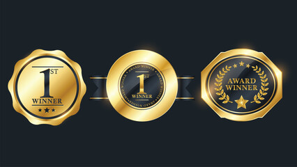 Set of gold and black first place winner award badges with ribbons and laurel wreaths on dark background