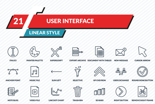 user interface icons set - italics, painter palette, superscript, right button, remove right frame outline vector collection.