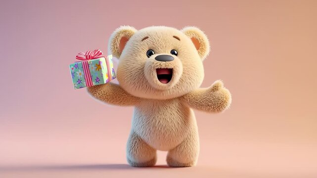 Cute animated teddy bear holding gift box for celebration