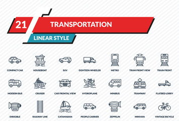 transportation icons set - compact car, houseboat, suv, minivan, vintage bicycle outline vector collection. © IconArt