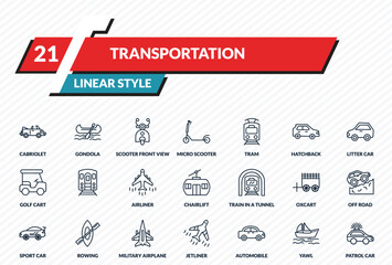 transportation icons set - cabriolet, gondola, scooter front view, yawl, patrol car outline vector collection. © IconArt