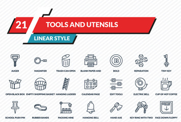 tools and utensils icons set - auger, magnifier, trash can open, key ring with two keys, face down floppy disk outline vector collection.