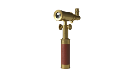 Old fashioned brass telescope spyglass with leather handle for discovery and future planning concepts isolated PNG with Transparent Background