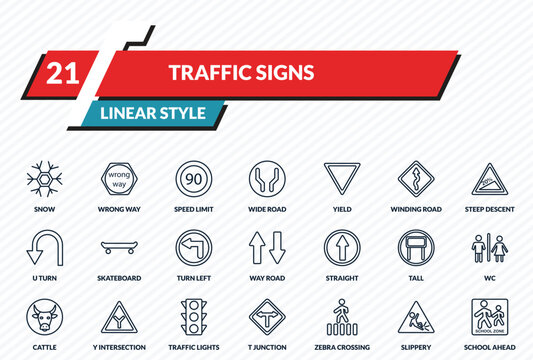 traffic signs icons set - snow, wrong way, speed limit, slippery, school ahead outline vector collection.