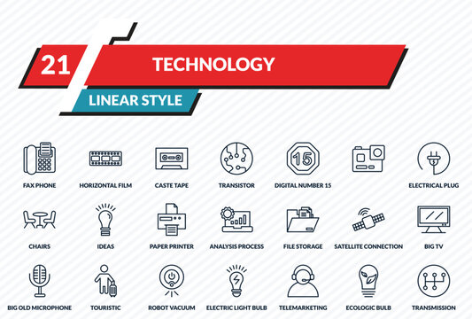 technology icons set - fax phone, horizontal film strip, caste tape, ecologic bulb, transmission outline vector collection.