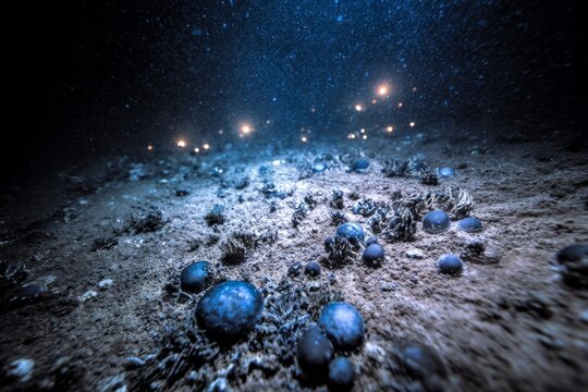Close-up view shows cobalt, nickel, and manganese nodules on the sandy seabed with small deep-sea creatures nearby. This scene reveals ocean floor life in its natural state