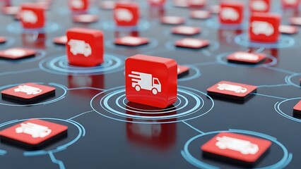 Logistics and transportation network with red cubes and white icons