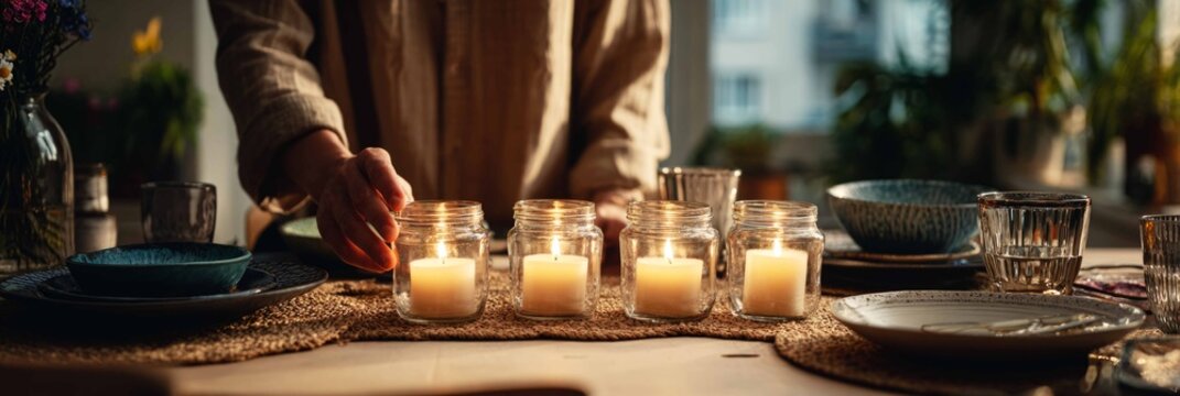 A person is placing simple candles inside jars on a dining table. The setup takes place in a casual home kitchen during the evening and creates a cozy atmosphere, banner