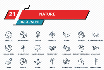 nature icons set - orbicular, big snowflake, cordate, chemical structure, bamboo sticks outline vector collection. © IconArt