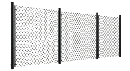 Chain Link Fence Section with Black Metal Posts and Mesh Outdoor Barrier Security Border construction for boundaries and private property isolated on transparent background