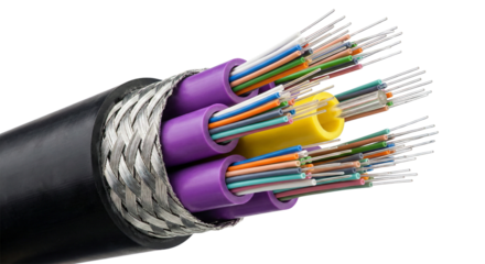 Close up of a multi core fiber optic cable with many colored wires inside its protective outer sheath and braided metal shielding isolated on transparent background