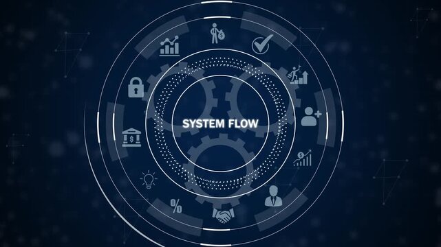 Digital interface displaying a circular diagram with gears and representing business system flow and data analysis on a dark blue background with network connections