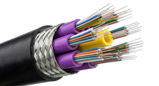 Close up of a multi core fiber optic cable with many colored wires inside its protective outer sheath and braided metal shielding isolated on transparent background - Powered by Adobe