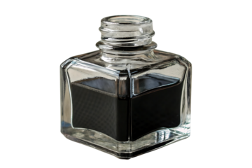 glass ink bottle filled with black ink isolated on white  background